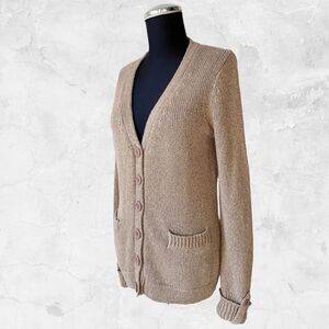 Orvis Linen Blend Metallic Gold Cardigan Sweater-Button Front-Pockets-Women's S